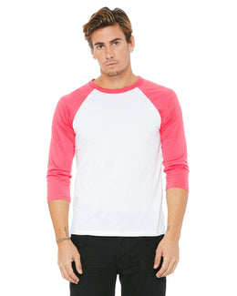 Bella+Canvas Unisex Triblend 3/4-Sleeve Baseball T-Shirt | White/ Neon Pink